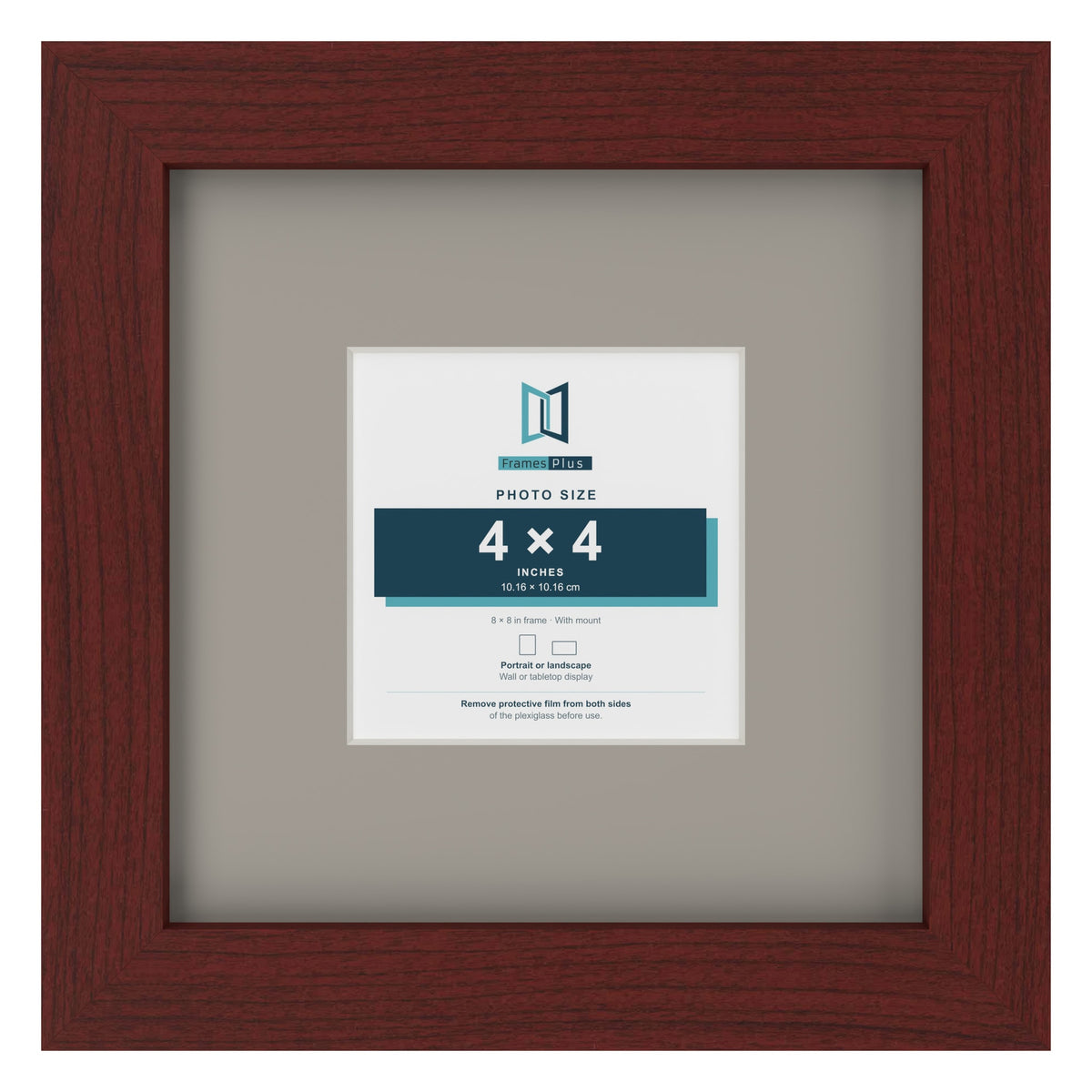 Mahogany 8 x 8 inch picture frame with a Dawn Grey mount for a 4 x 4 inch photo