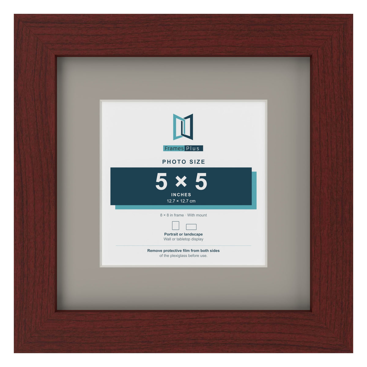 Mahogany 8 x 8 inch picture frame with a Dawn Grey mount for a 5 x 5 inch photo