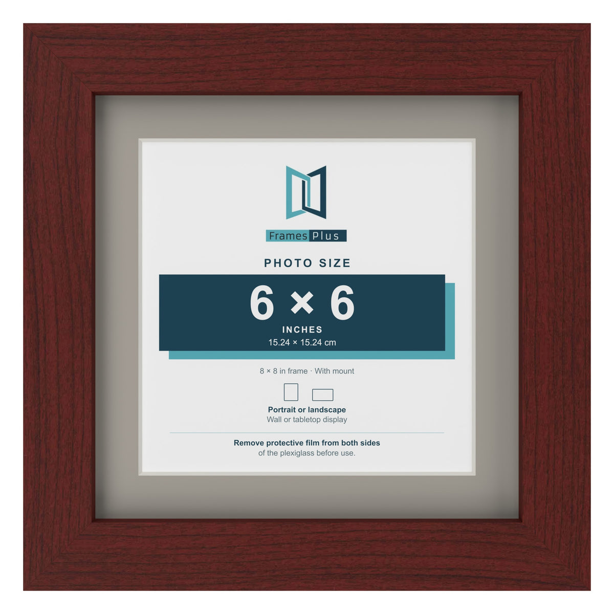 Mahogany 8 x 8 inch picture frame with a Dawn Grey mount for a 6 x 6 inch photo