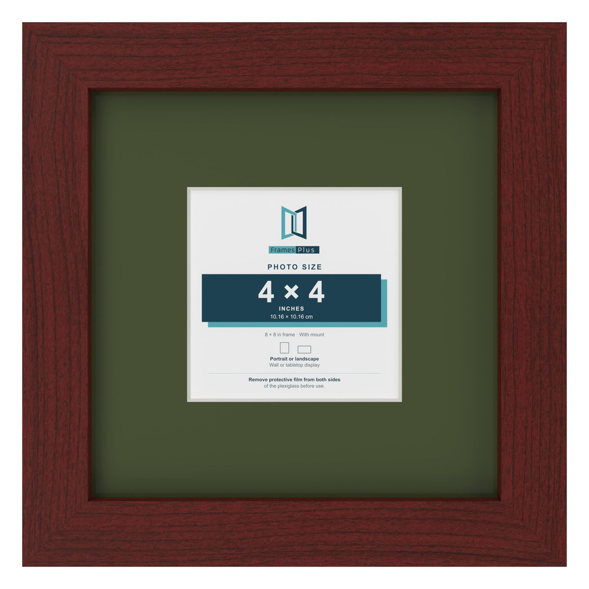 Mahogany 8 x 8 inch picture frame with a green mount for a 4 x 4 inch photo