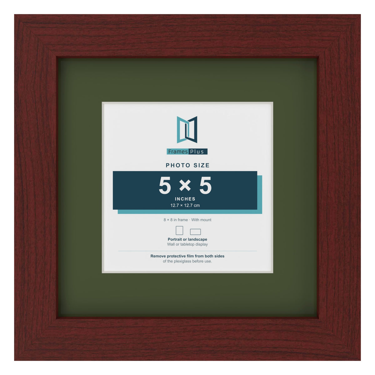 Mahogany 8 x 8 inch picture frame with a green mount for a 5 x 5 inch photo