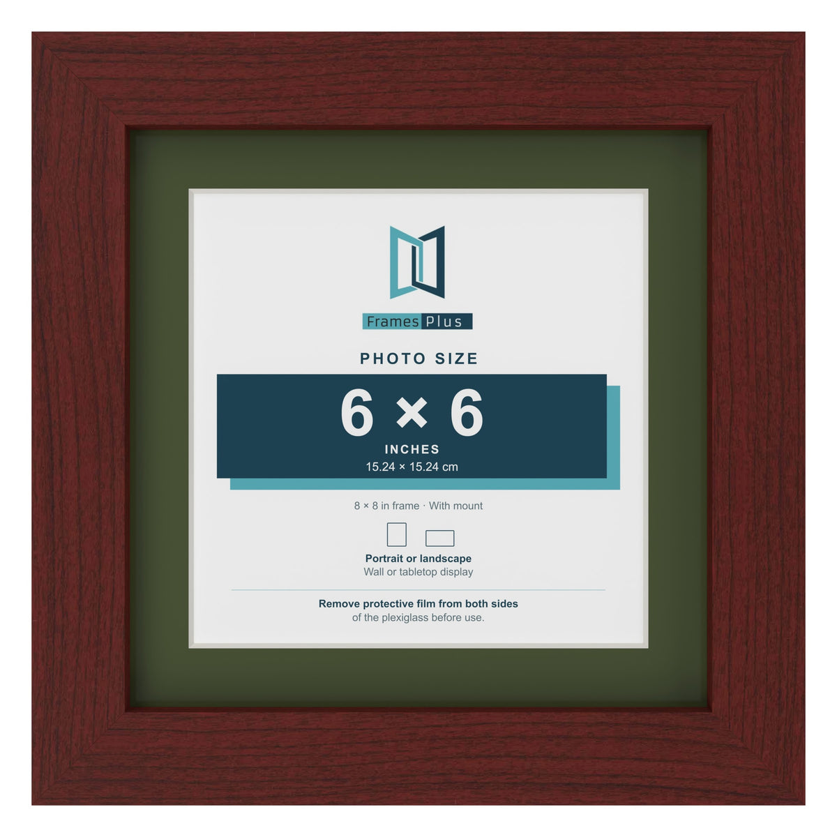 Mahogany 8 x 8 inch picture frame with a green mount for a 6 x 6 inch photo