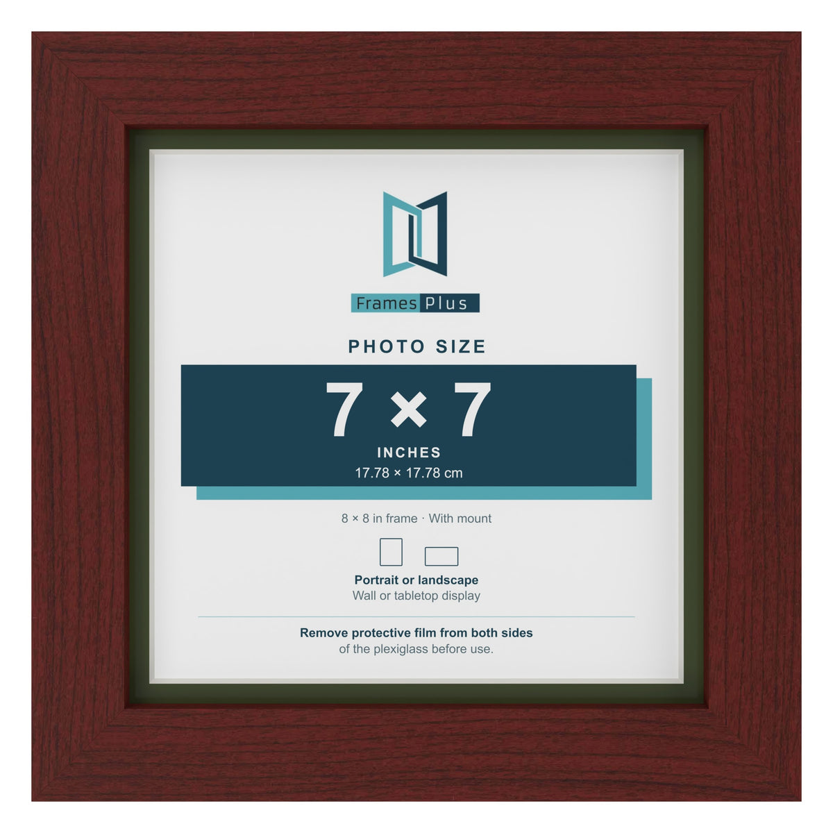 Mahogany 8 x 8 inch picture frame with a green mount for a 7 x 7 inch photo