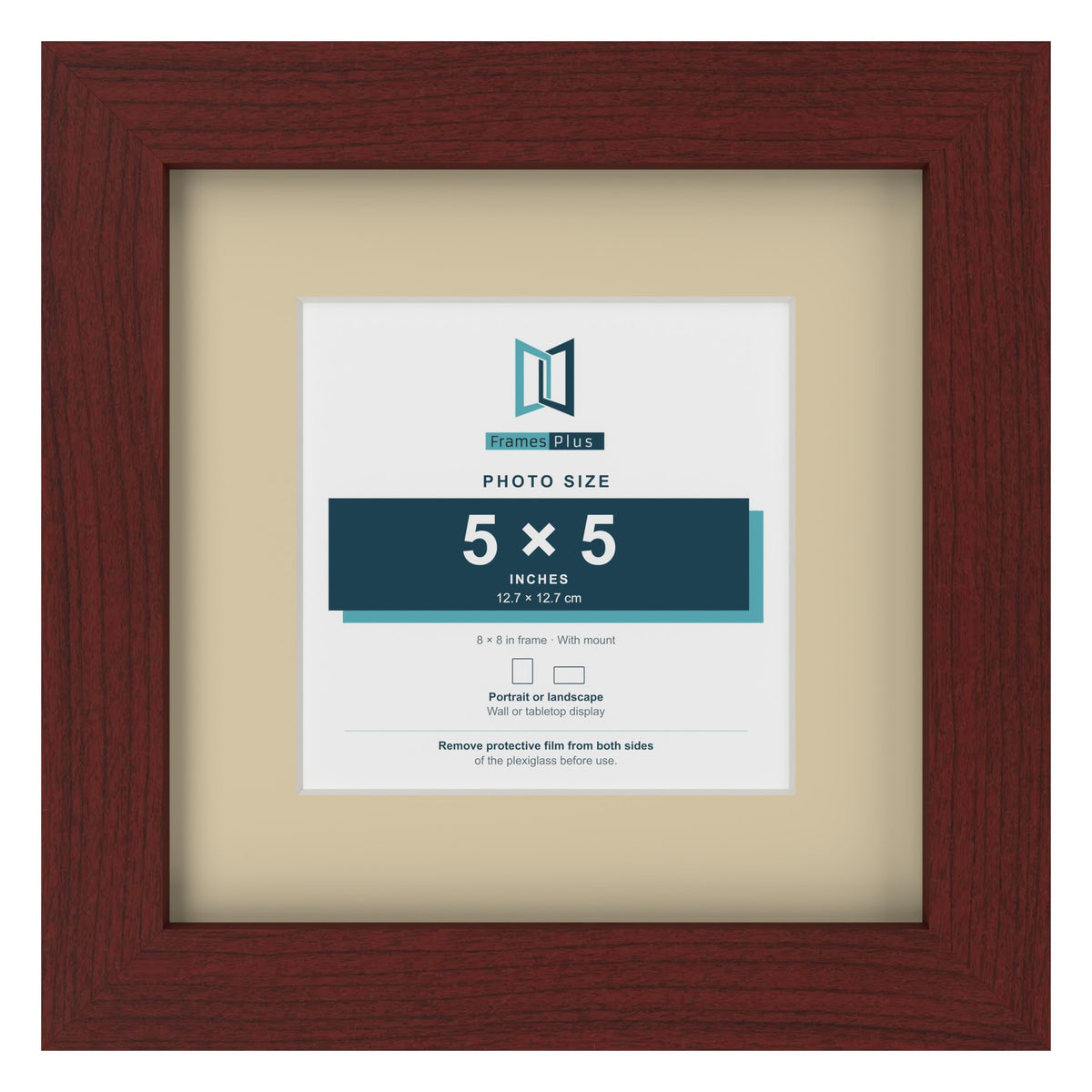 Mahogany 8 x 8 inch picture frame with an ivory mount for a 5 x 5 inch photo