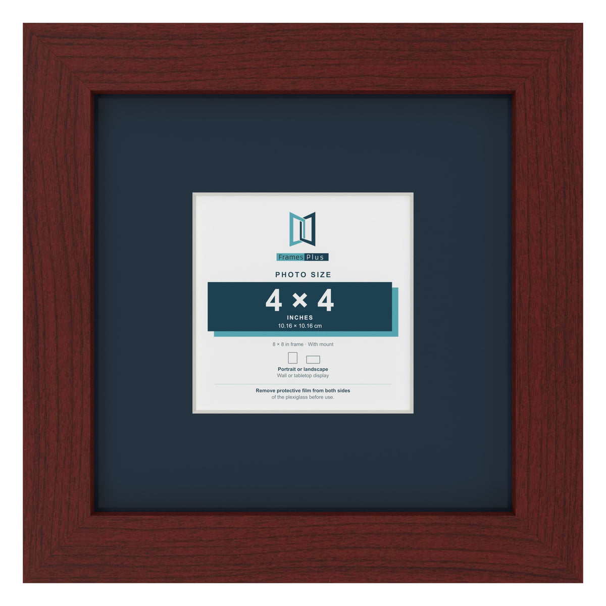 Mahogany 8 x 8 inch picture frame with a Pacific Blue mount for a 4 x 4 inch photo