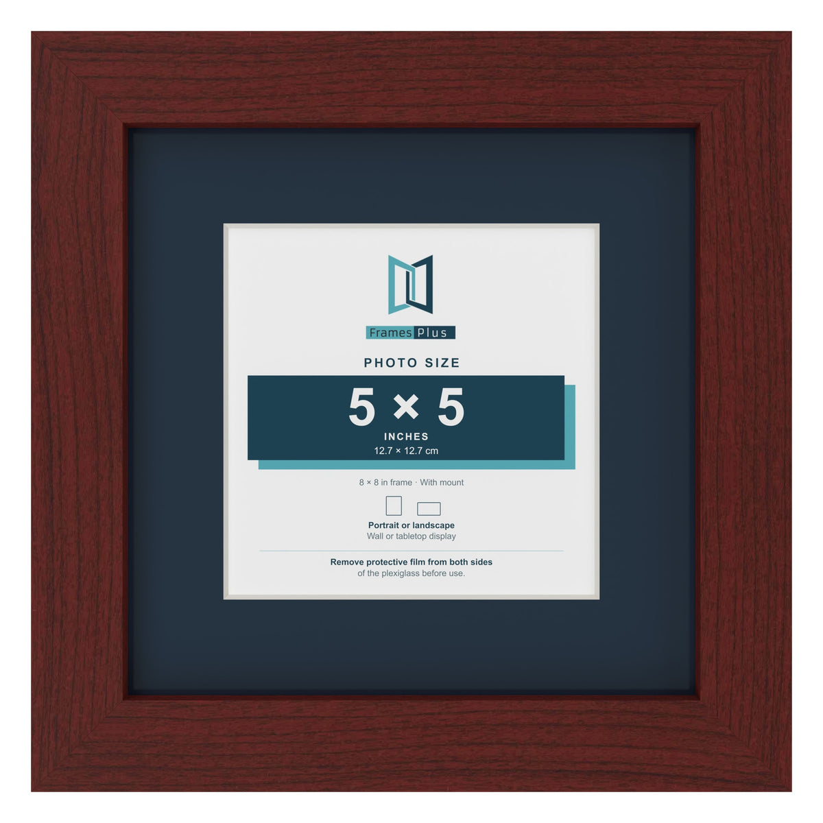 Mahogany 8 x 8 inch picture frame with a Pacific Blue mount for a 5 x 5 inch photo