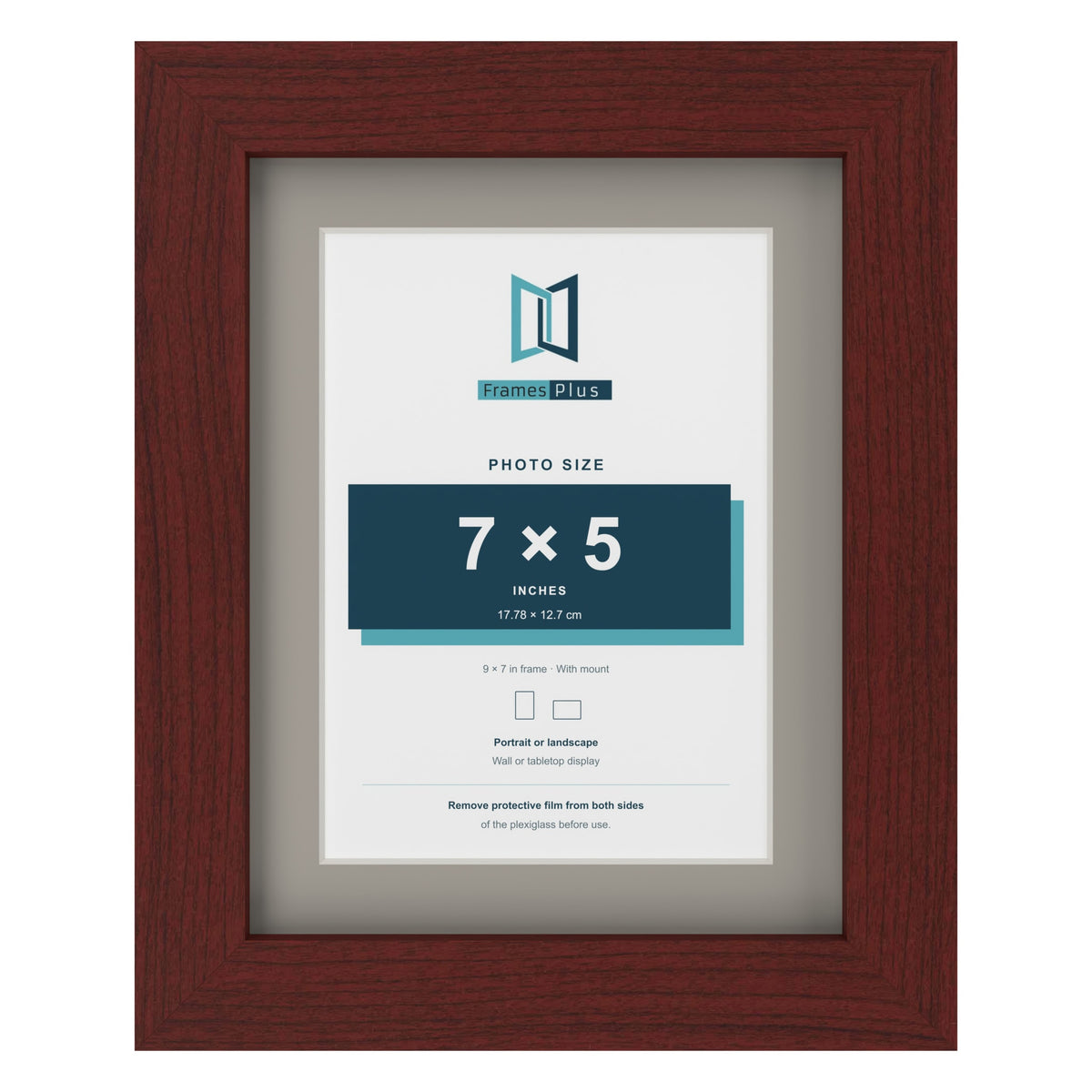 Mahogany 9 x 7 inch picture frame with a Dawn Grey mount for a 7 x 5 inch photo