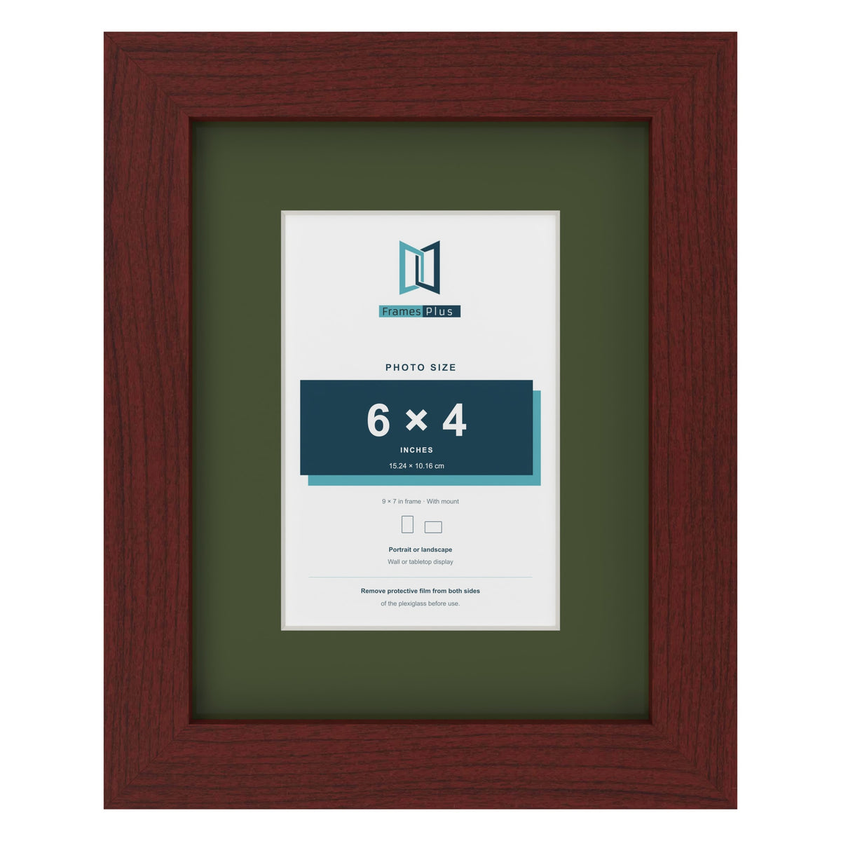 Mahogany 9 x 7 inch picture frame with a green mount for a 6 x 4 inch photo