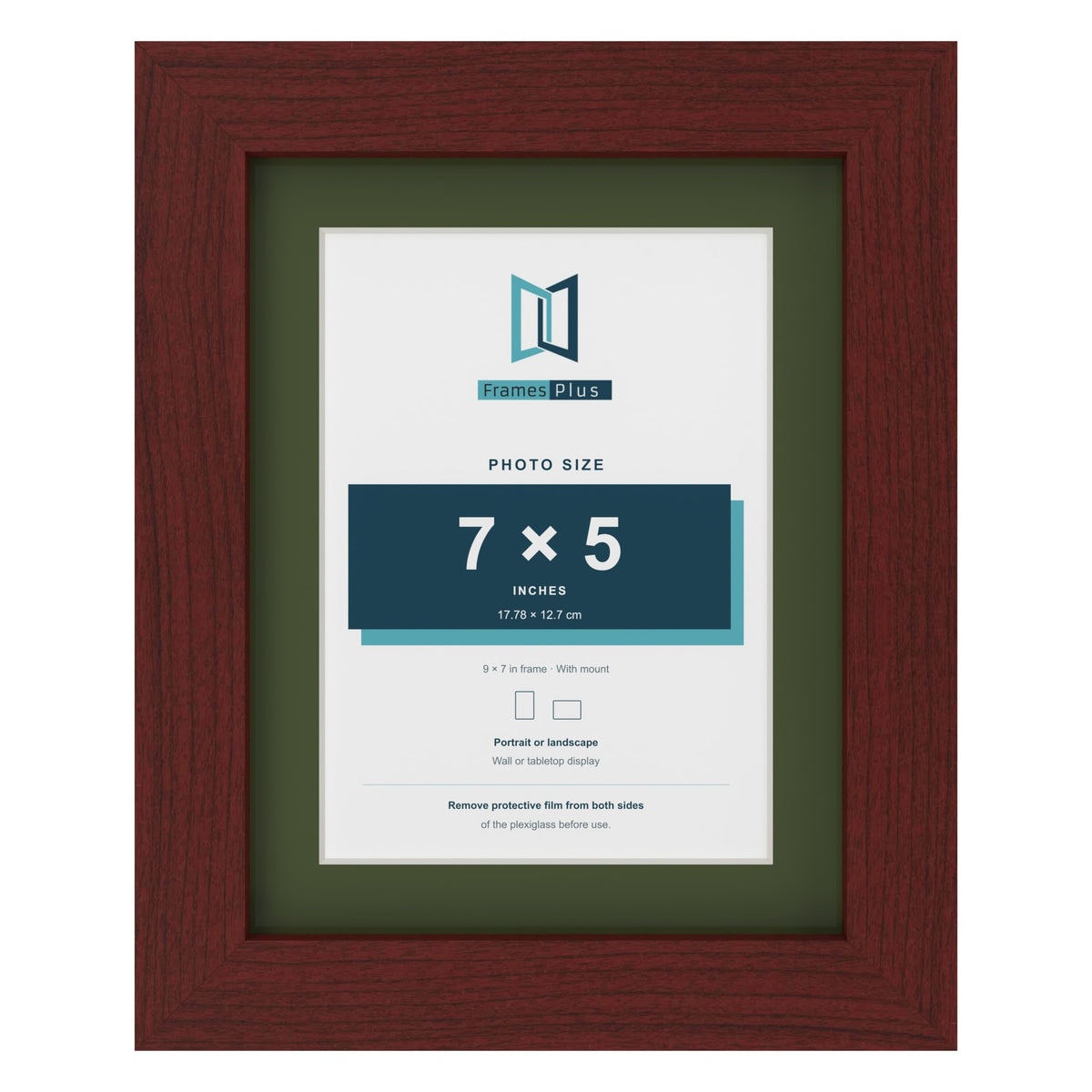 Mahogany 9 x 7 inch picture frame with a green mount for a 7 x 5 inch photo