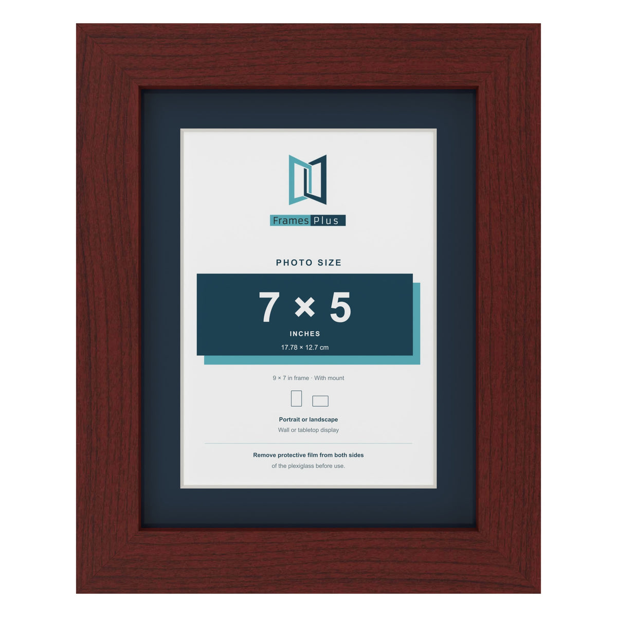 Mahogany 9 x 7 inch picture frame with a Pacific Blue mount for a 7 x 5 inch photo