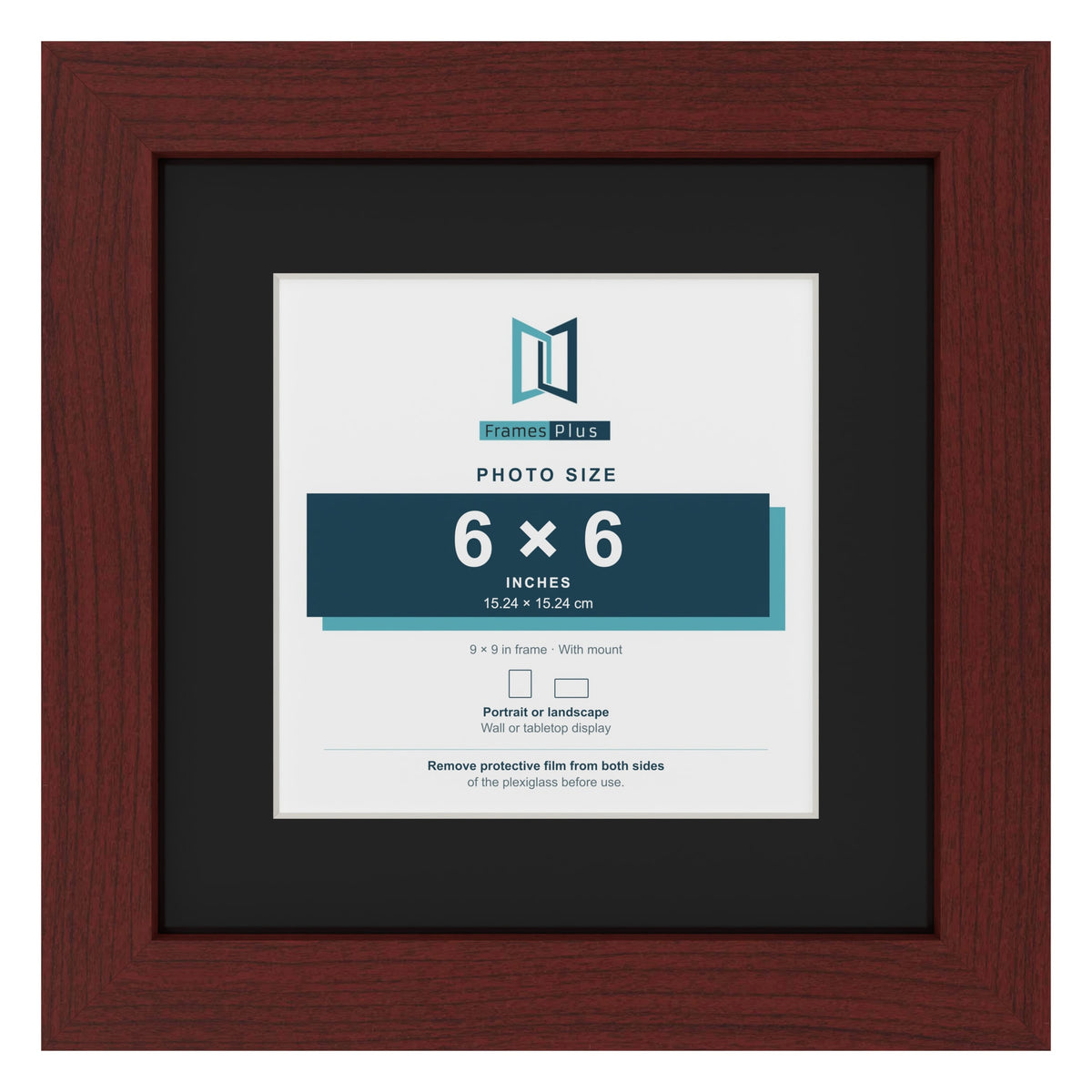 Mahogany 9 x 9 inch picture frame with a black mount for a 6 x 6 inch photo