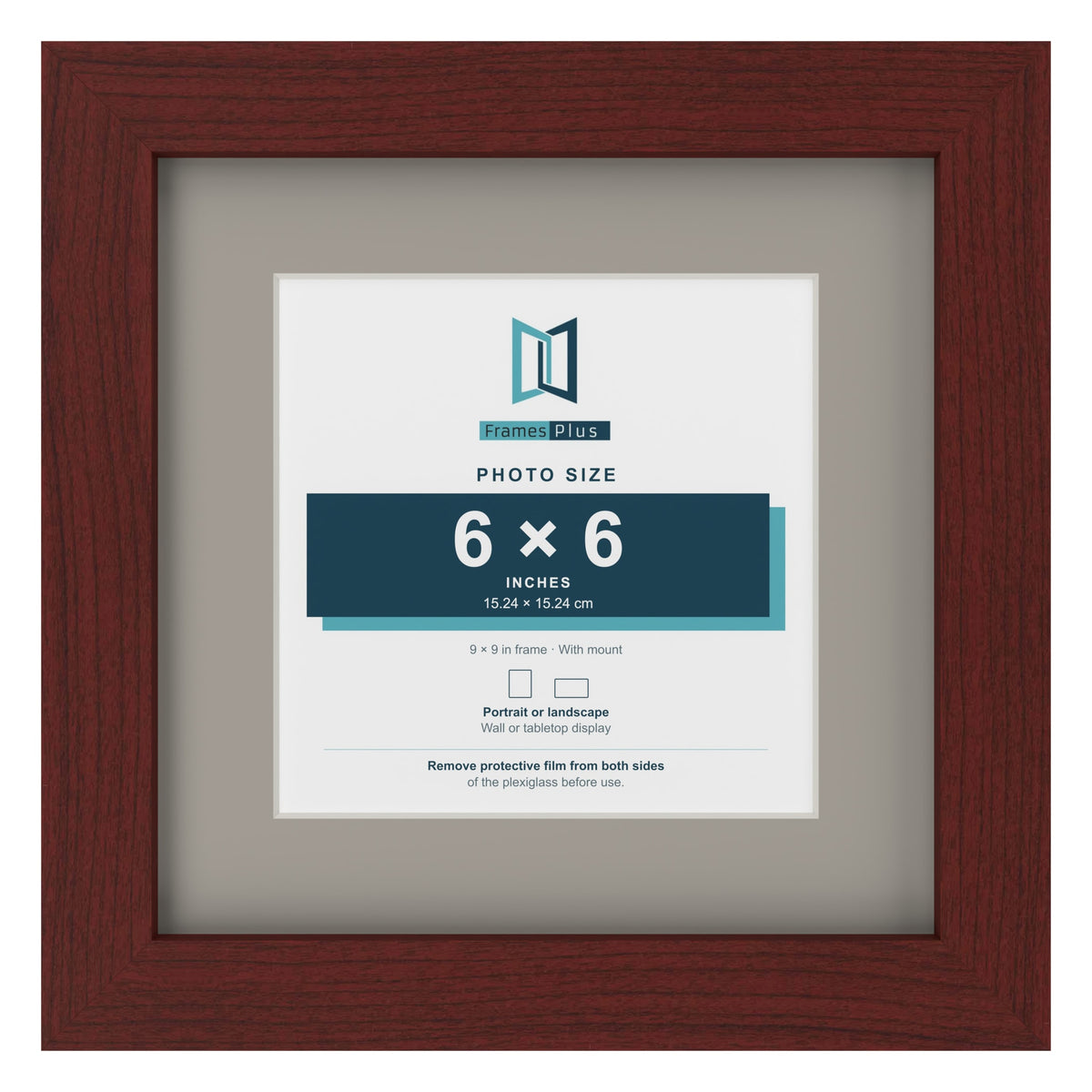 Mahogany 9 x 9 inch picture frame with a Dawn Grey mount for a 6 x 6 inch photo