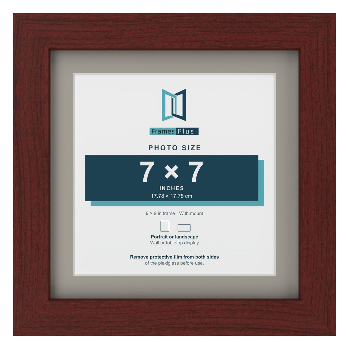 Mahogany 9 x 9 inch picture frame with a Dawn Grey mount for a 7 x 7 inch photo