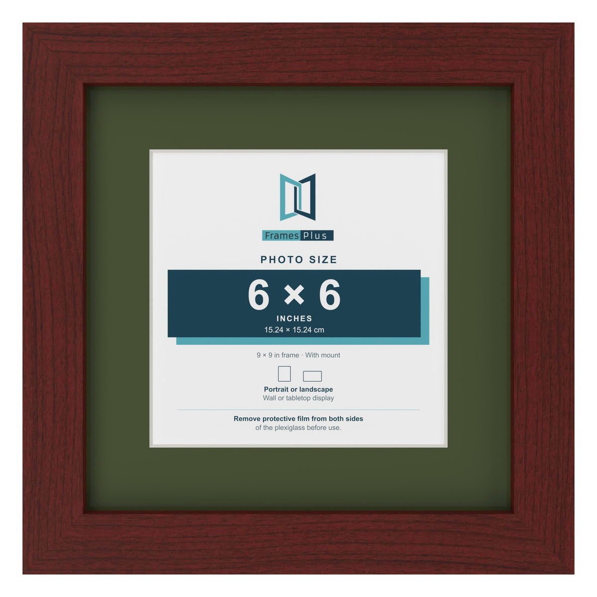 Mahogany 9 x 9 inch picture frame with a green mount for a 6 x 6 inch photo