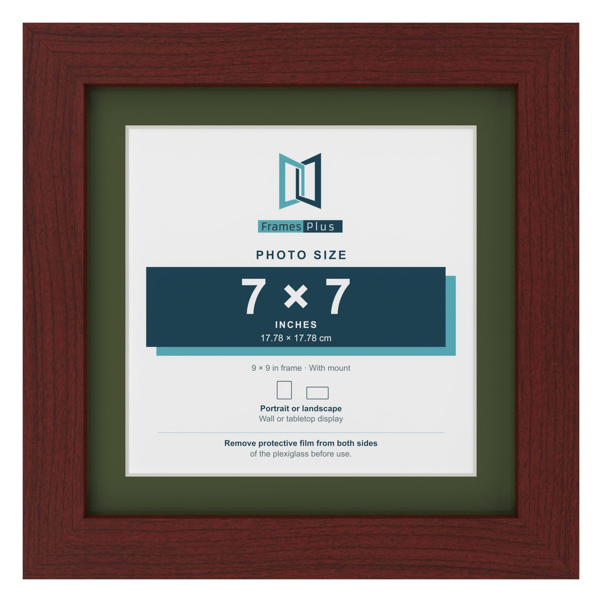 Mahogany 9 x 9 inch picture frame with a green mount for a 7 x 7 inch photo