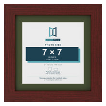 Mahogany 9 x 9 inch picture frame with a green mount for a 7 x 7 inch photo