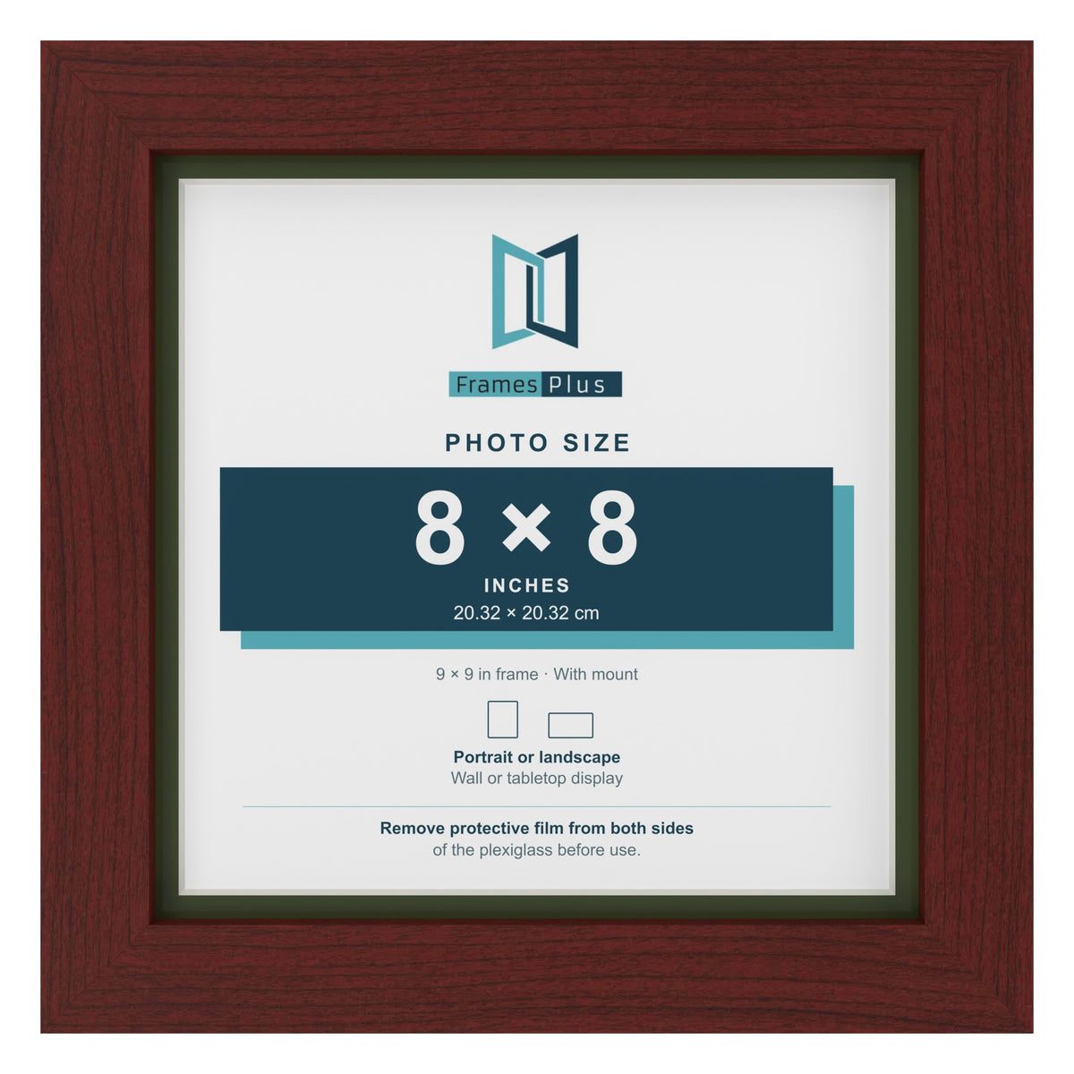 Mahogany 9 x 9 inch picture frame with a green mount for an 8 x 8 inch photo