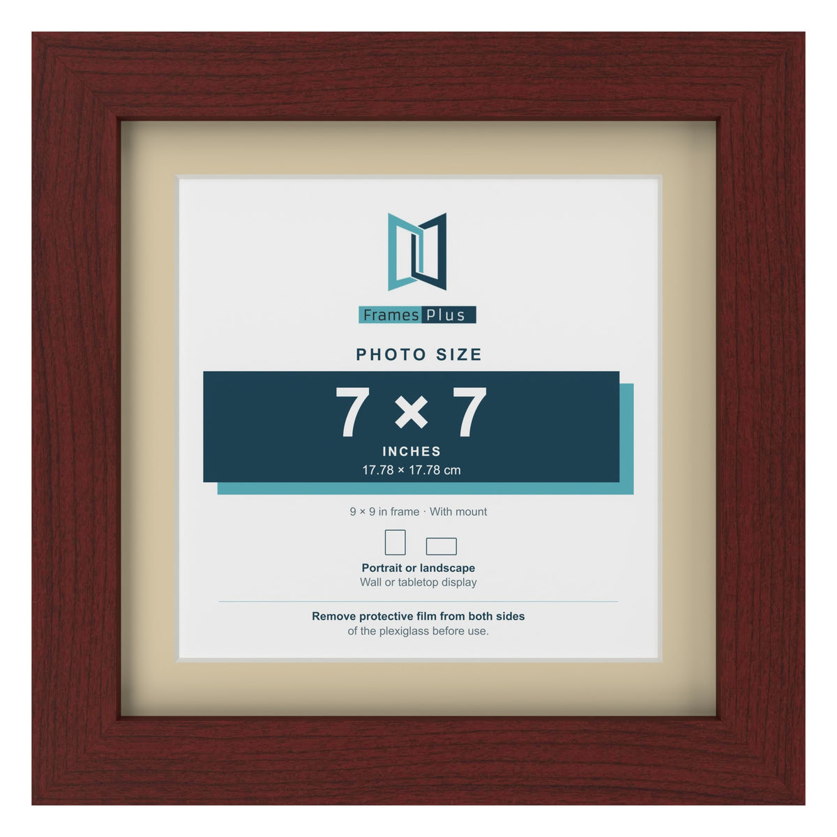 Mahogany 9 x 9 inch picture frame with an ivory mount for a 7 x 7 inch photo
