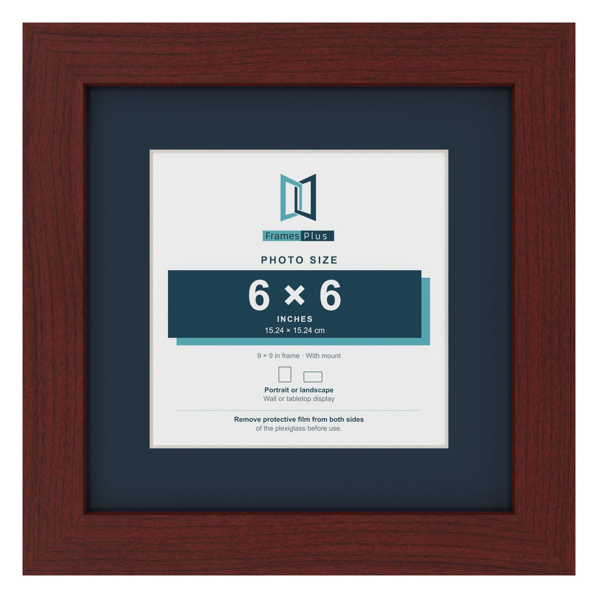 Mahogany 9 x 9 inch picture frame with a Pacific Blue mount for a 6 x 6 inch photo