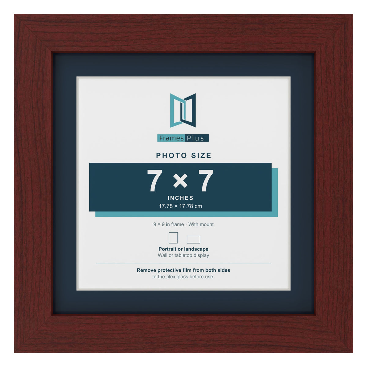 Mahogany 9 x 9 inch picture frame with a Pacific Blue mount for a 7 x 7 inch photo