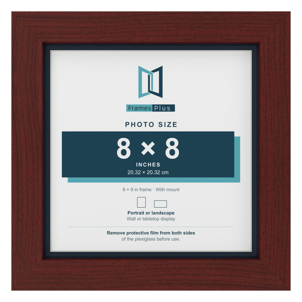 Mahogany 9 x 9 inch picture frame with a Pacific Blue mount for an 8 x 8 inch photo
