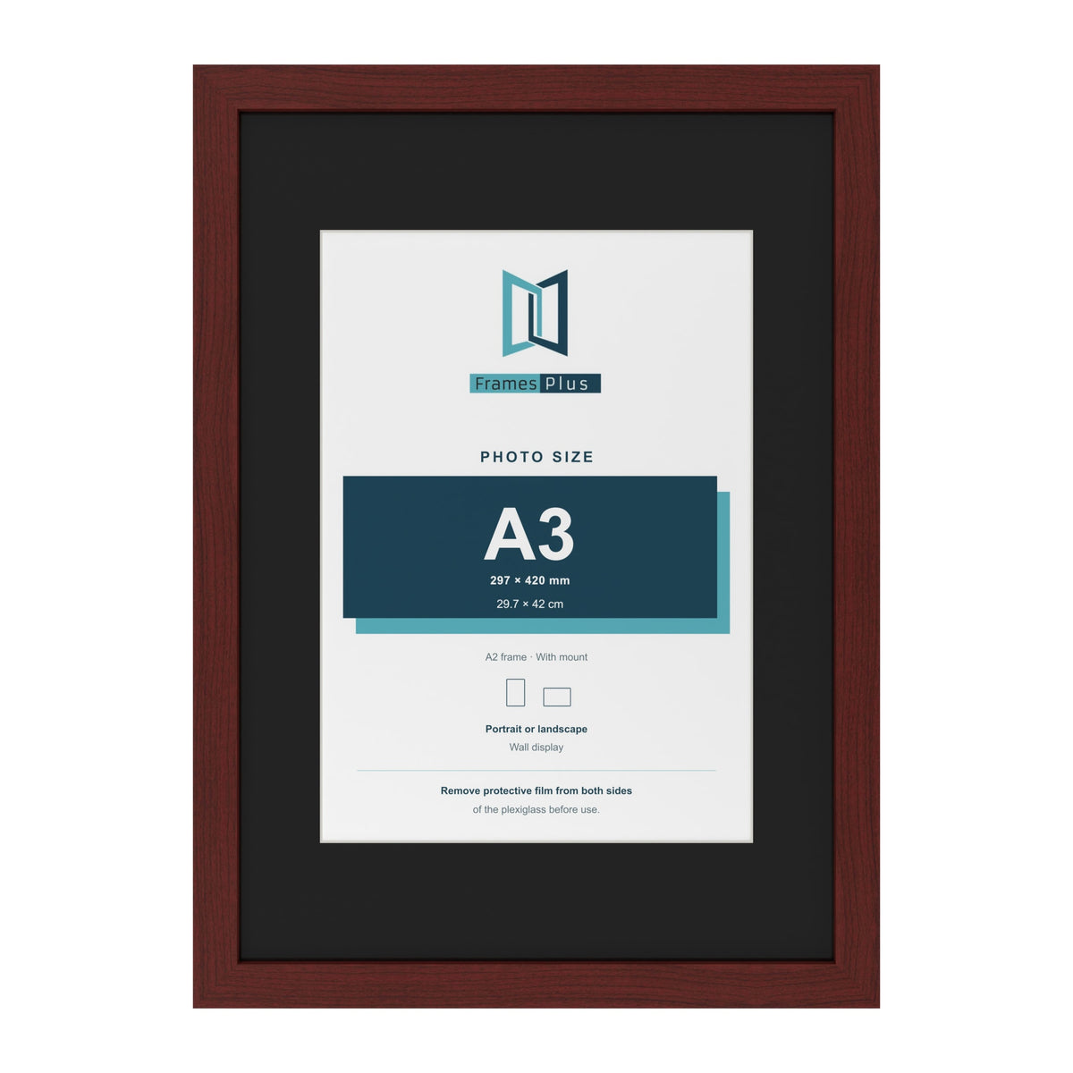 Mahogany A2 picture frame with a black mount for an A3 photo