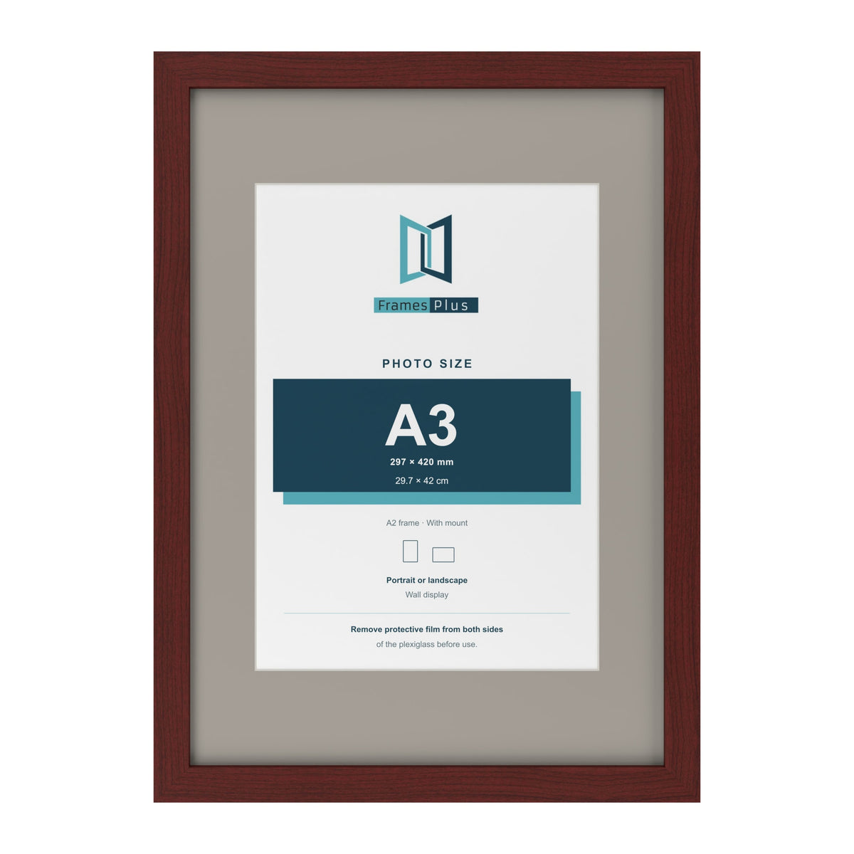 Mahogany A2 picture frame with a Dawn Grey mount for an A3 photo