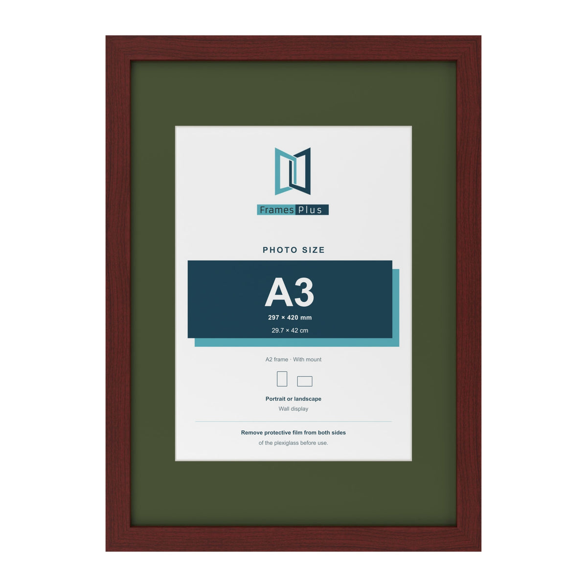 Mahogany A2 picture frame with a green mount for an A3 photo