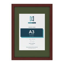 Mahogany A2 picture frame with a green mount for an A3 photo