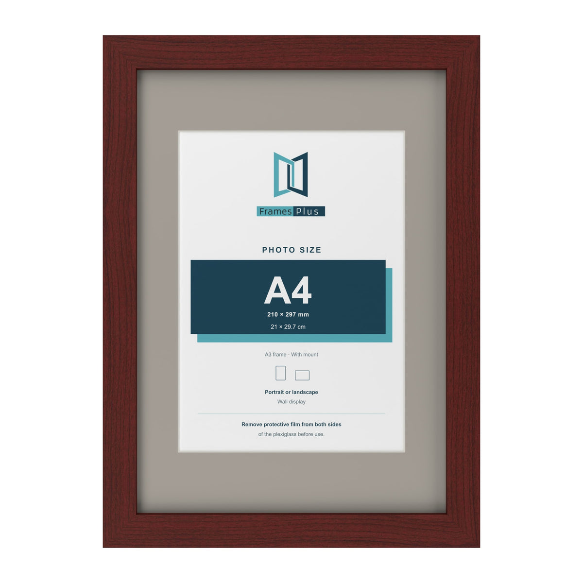 Mahogany A3 picture frame with a Dawn Grey mount for an A4 photo