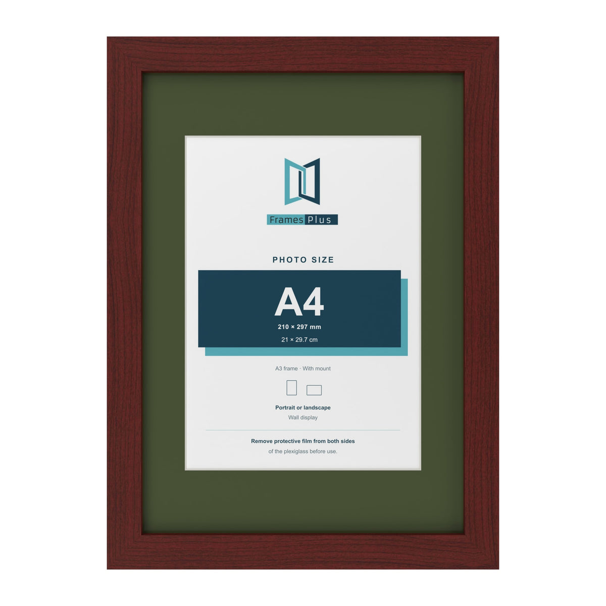 Mahogany A3 picture frame with a green mount for an A4 photo