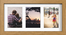 Oak Multi-Aperture Frame for 3 Photos 7x5" with White Mount displaying photographs