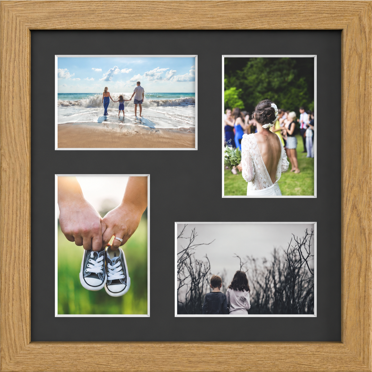 Oak Multi-Aperture Frame for 4 Photos 6x4" with Black Mount displaying photographs