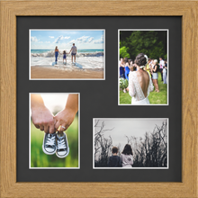 Oak Multi-Aperture Frame for 4 Photos 6x4" with Black Mount displaying photographs