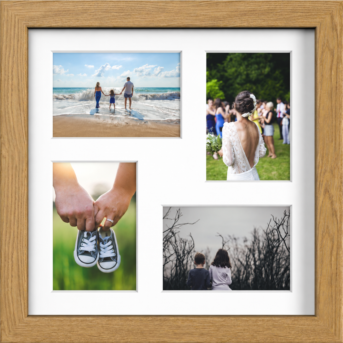 Oak Multi-Aperture Frame for 4 Photos 6x4" with White Mount displaying photographs