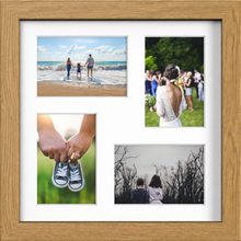 Oak Multi-Aperture Frame for 4 Photos 6x4" with White Mount displaying photographs