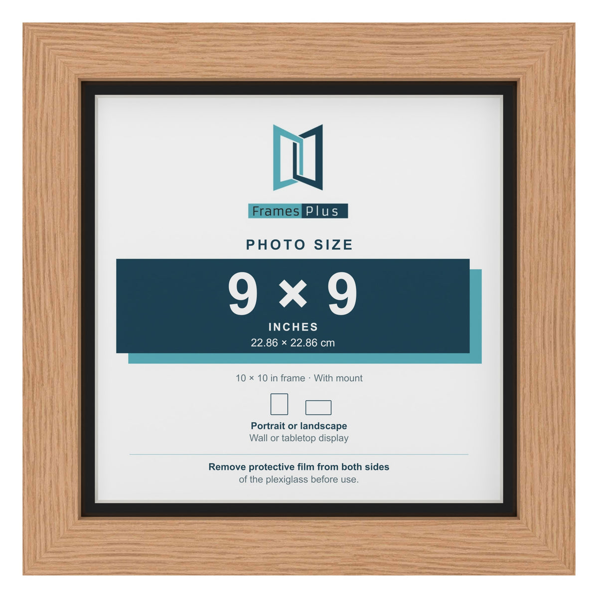 Oak 10 x 10 inch picture frame with a black mount for a 9 x 9 inch photo