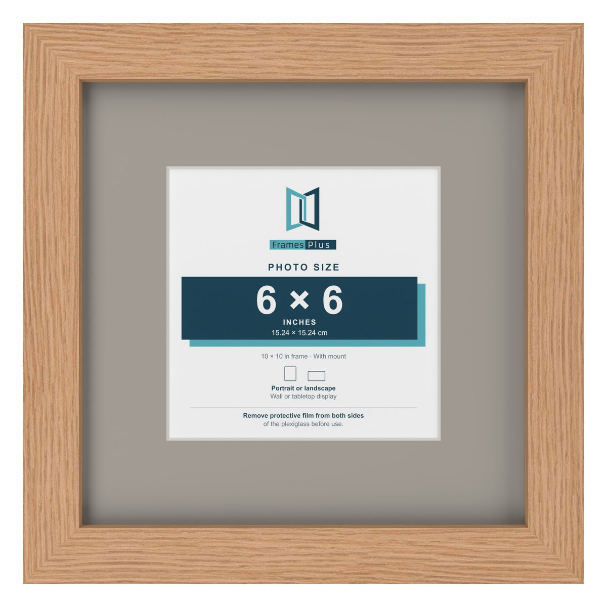 Oak 10 x 10 inch picture frame with a Dawn Grey mount for a 6 x 6 inch photo