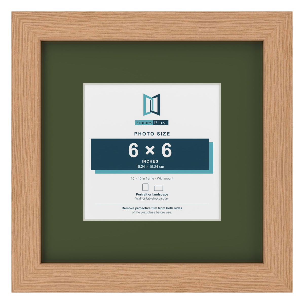 Oak 10 x 10 inch picture frame with a green mount for a 6 x 6 inch photo