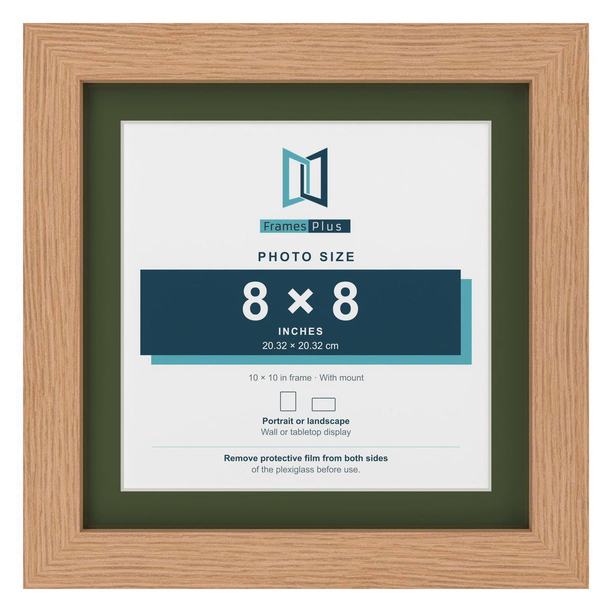 Oak 10 x 10 inch picture frame with a green mount for an 8 x 8 inch photo