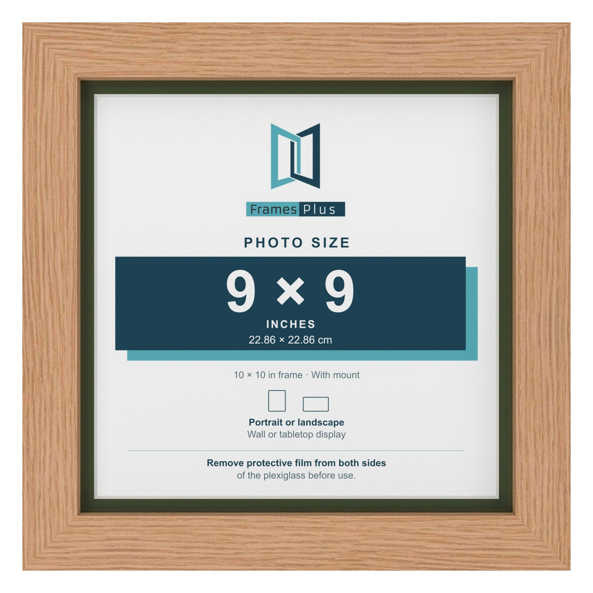 Oak 10 x 10 inch picture frame with a green mount for a 9 x 9 inch photo