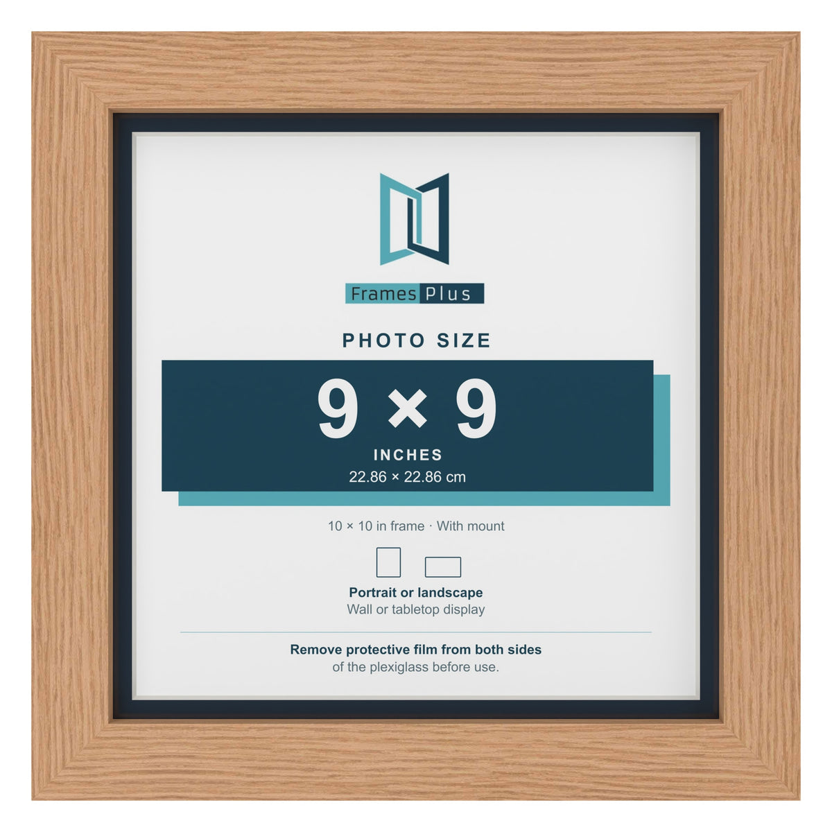 Oak 10 x 10 inch picture frame with a Pacific Blue mount for a 9 x 9 inch photo