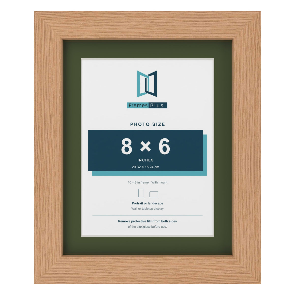 Oak 10 x 8 inch picture frame with a green mount for an 8 x 6 inch photo