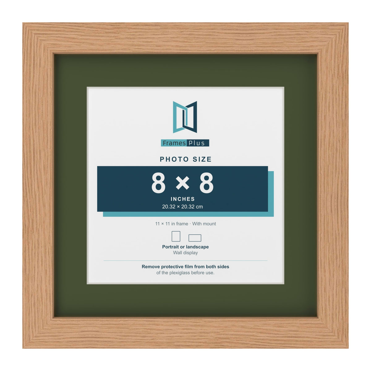 Oak 11 x 11 inch picture frame with a green mount for an 8 x 8 inch photo