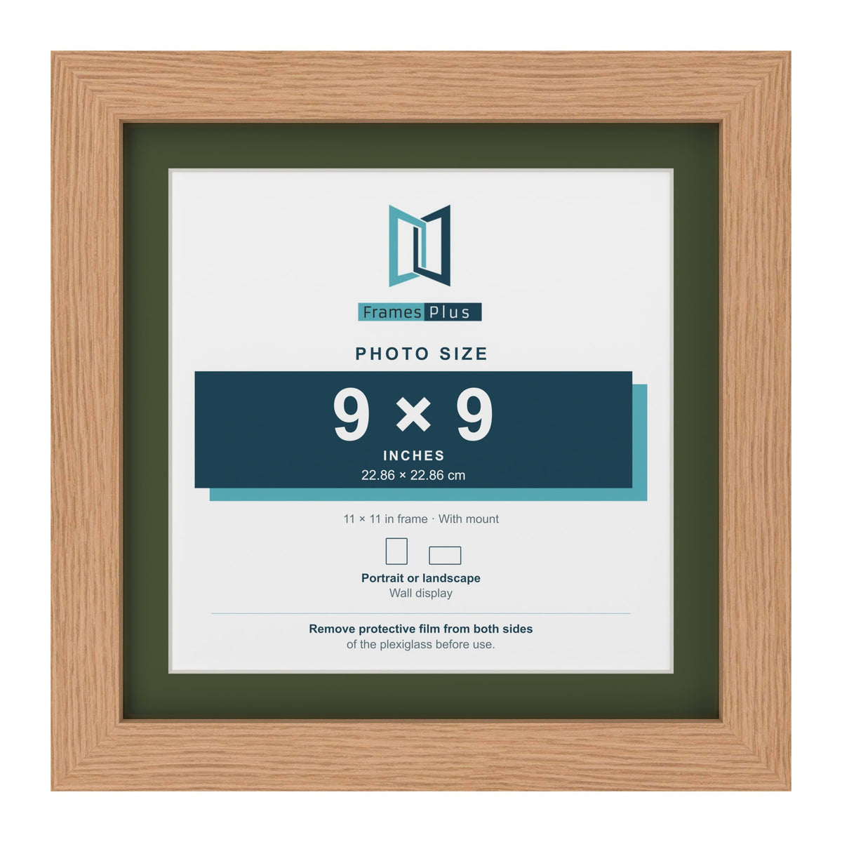 Oak 11 x 11 inch picture frame with a green mount for a 9 x 9 inch photo