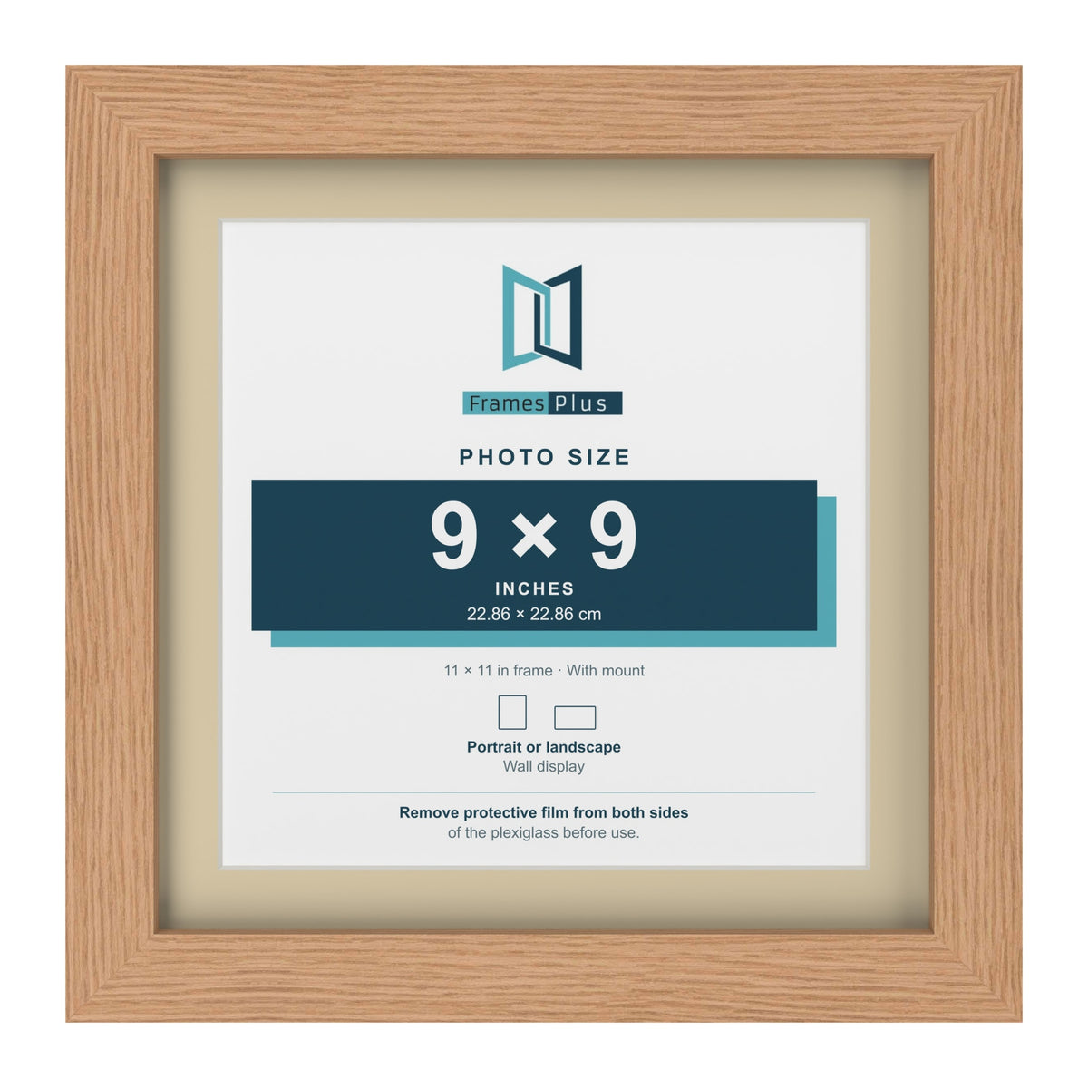 Oak 11 x 11 inch picture frame with an ivory mount for a 9 x 9 inch photo