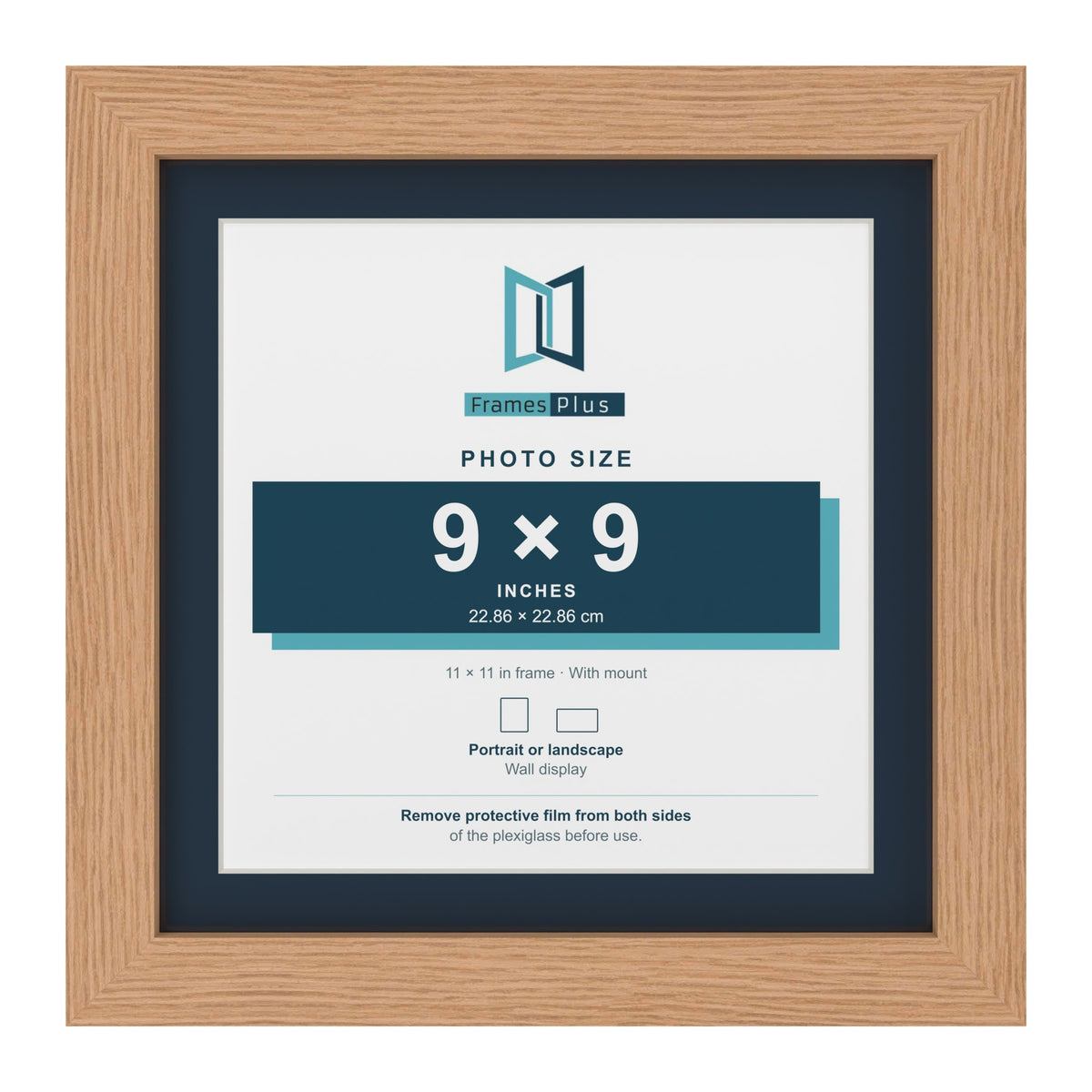 Oak 11 x 11 inch picture frame with a Pacific Blue mount for a 9 x 9 inch photo