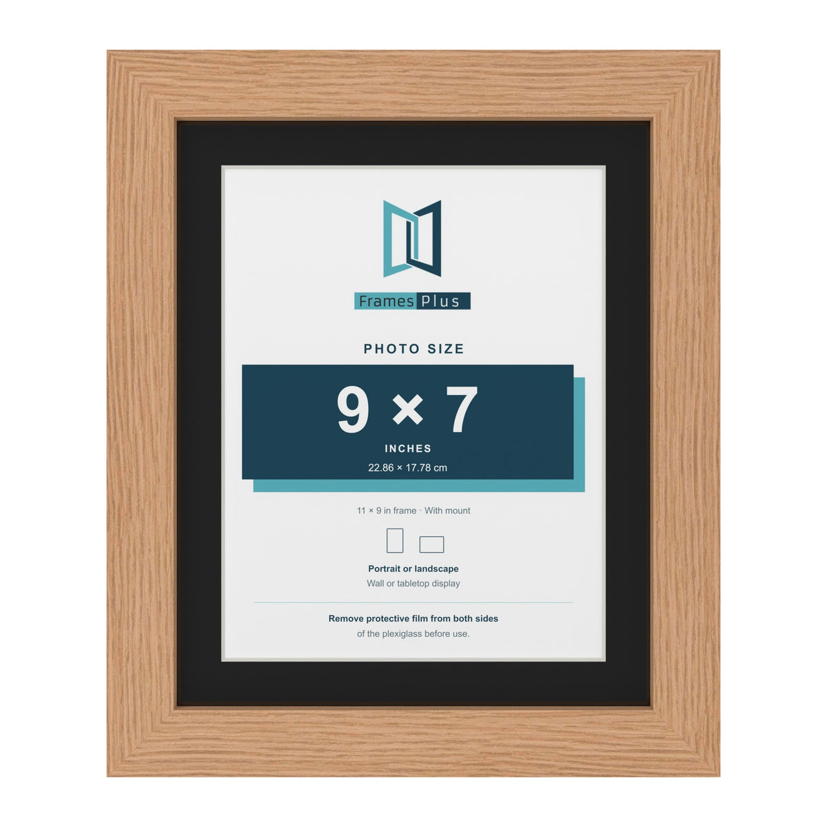 Oak 11 x 9 inch picture frame with a black mount for a 9 x 7 inch photo