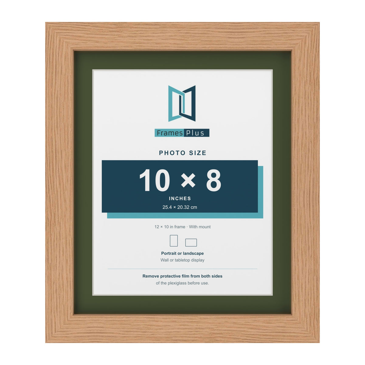 Oak 12 x 10 inch picture frame with a green mount for a 10 x 8 inch photo