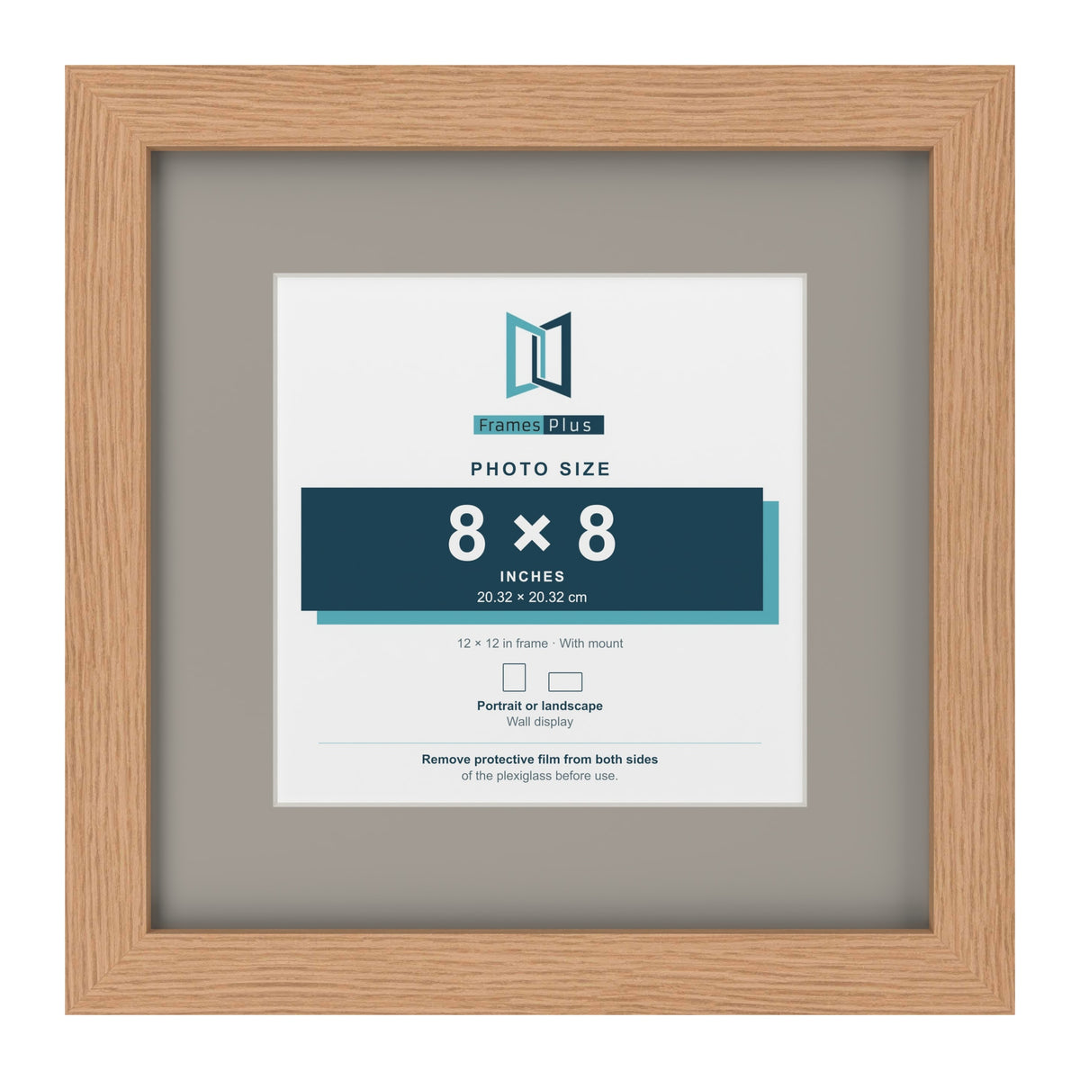 Oak 12 x 12 inch picture frame with a Dawn Grey mount for an 8 x 8 inch photo